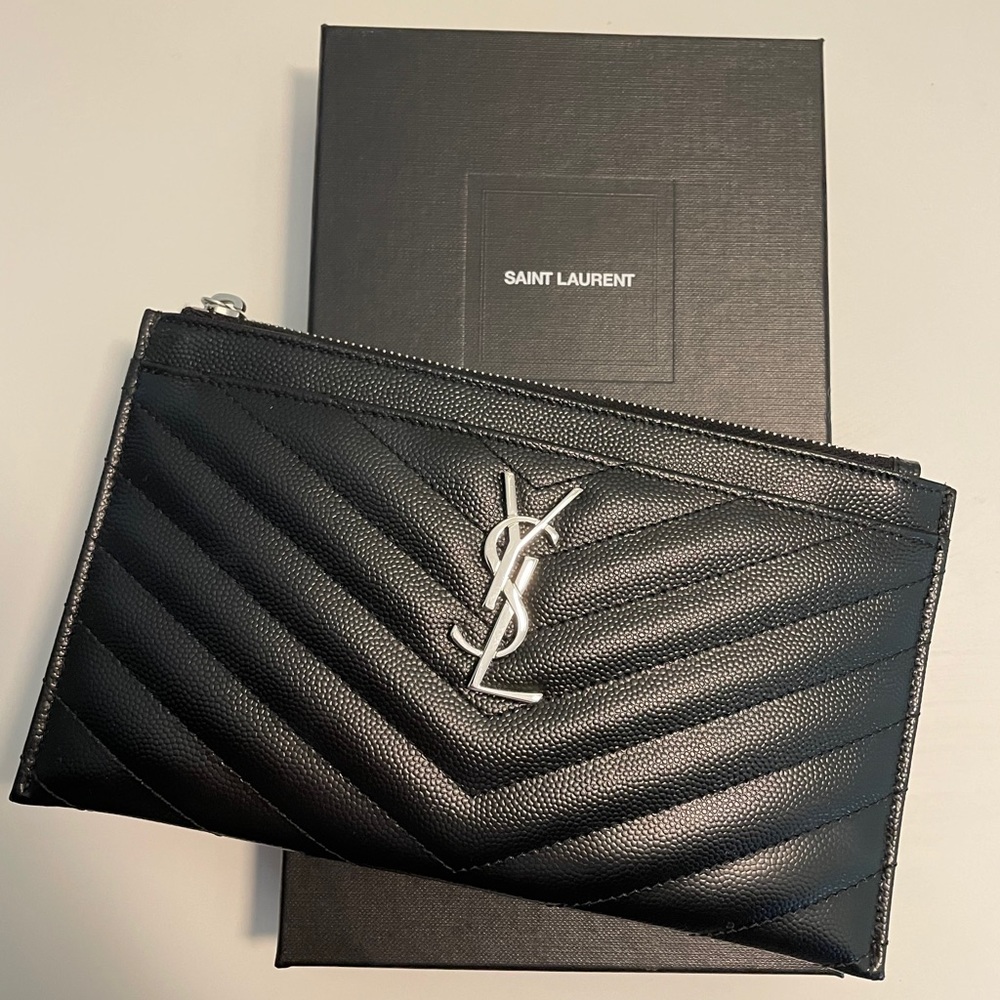 YSL MONOGRAM POUCH IN GRAIN DE POUDRE EMBOSSED
